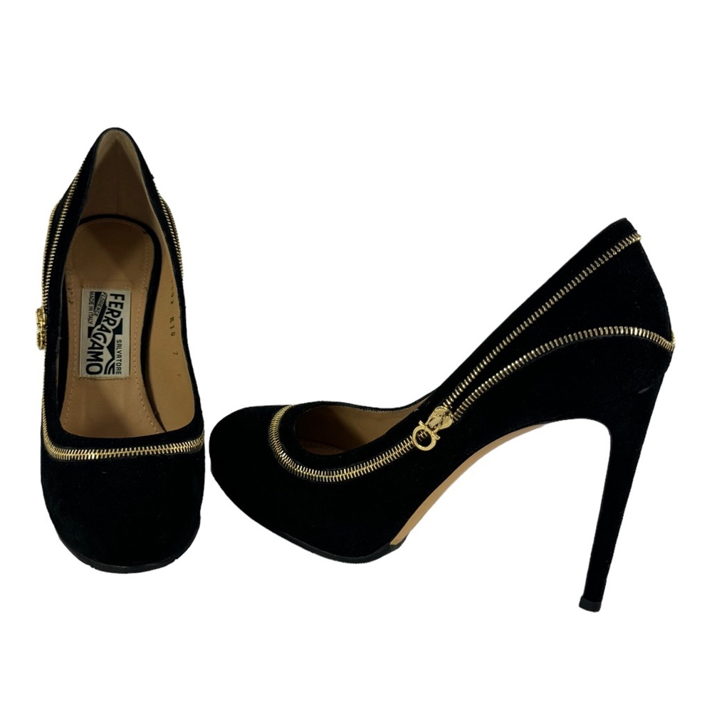 SALVATORE FERRAGAMO Rory Black Suede Zip Platform Heels Made in Italy 7 B US